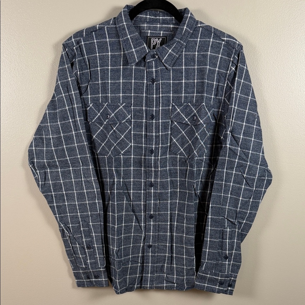 Men's PX Navy Blue Plaid Long-Sleeve Button-Down Shirt